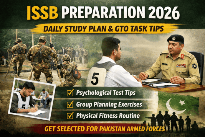 ISSB Preparation Guide 2026 with daily study plan, GTO tasks, and physical fitness tips for Pakistan Armed Forces aspirants