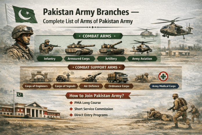 Pakistan Army branches and complete list of arms structure