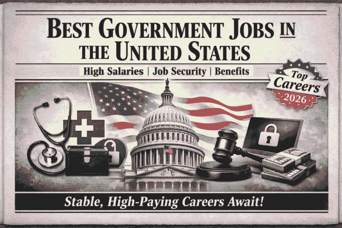 Best government jobs in the United States newspaper-style feature image with icons representing healthcare, law, IT, and finance
