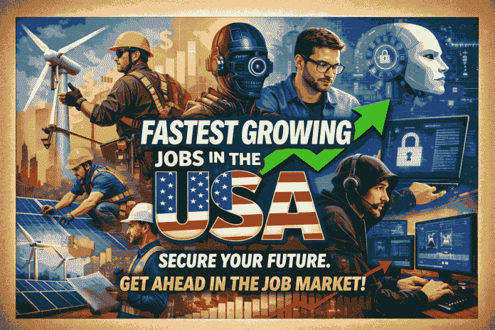 Fastest growing jobs in the United States including wind turbine technician, software developer, cybersecurity analyst, and solar installer